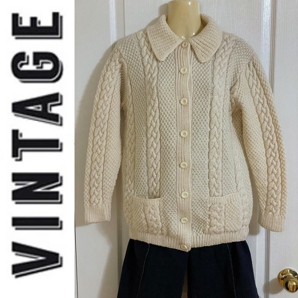 Hand knit Fishermen cable knit cream button-down cardigan chunky sweater - Picture 11 of 16
